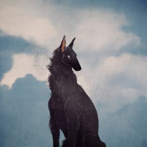 Arte da capa de "Senhor Cão", romance de Flávio Ilha. Ilustração de Jenna Barton mostra um cão preto sob um céu azul.